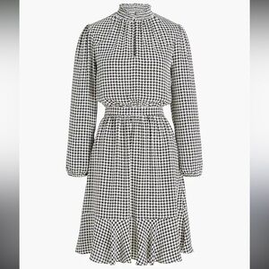 J Crew Womens Houndstooth Print Long Sleeve Ruffle Hem Dress White Black Size 10